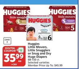 Vons Huggies Little Movers, Little Snugglers or Snug and Dry Huge Diapers offer