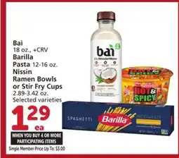 Vons Baì 18 oz., + CRV Barilla Pasta 12-16 oz. Nissin Ramen Bowls or Stir Fry Cups 2.89-3.42 oz offer