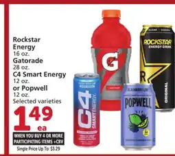 Albertsons Rockstar Energy 16 oz. Gatorade 28 oz. C4 Smart Energy 12 oz. or Popwell 12 oz offer