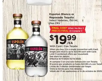 Ralphs Espolon Blanco or Reposado Tequila offer