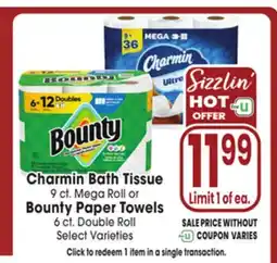 Jewel-Osco Charmin Bath Tissue 9 ct. Mega Roll or Bounty Paper Towels 6 ct. Double Roll offer