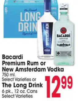Jewel-Osco Bacardi Premium Rum or New Amsterdam Vodka 750 ml. or The Long Drink, 6 pk., 12 oz. Cans offer