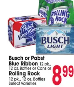 Jewel-Osco Busch or Pabst Blue Ribbon 12 pk., 12 oz. Bottles or Cans or Rolling Rock 12 pk., 12 oz. Bottles offer