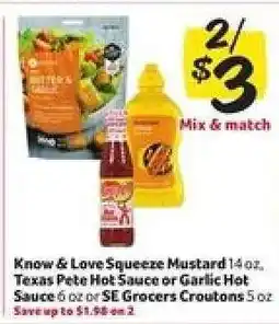 Winn Dixie Know & Love Squeeze Mustard, Texas Pete Hot Sauce or Garlic Hot Sauce, SE Grocers Croutons offer
