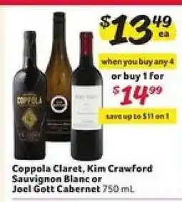 Winn Dixie Coppola Claret, Kim Crawford Sauvignon Blanc or Joel Gott Cabernet offer