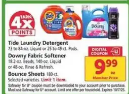 Safeway Tide Laundry Detergent, Downy Fabric Softener, Bounce Sheets offer