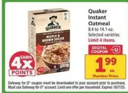 Safeway Quaker Instant Oatmeal offer