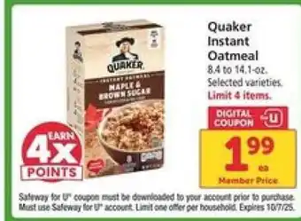 Safeway Quaker Instant Oatmeal offer