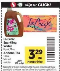 Safeway La Croix Sparkling Water / AriZona Tea offer
