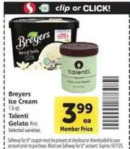 Safeway Breyers Ice Cream / Talenti Gelato offer