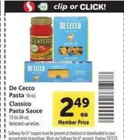 Safeway De Cecco Pasta & Classico Pasta Sauce offer
