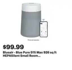Best Buy Blueair - Blue Pure 511i Max 926 sq ft HEPASilent Small Room Bedroom Air Purifier - White/Gray offer