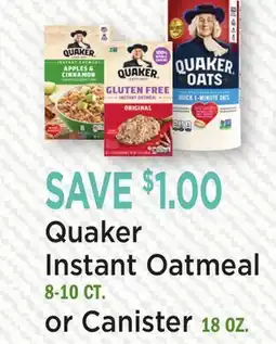 Heinen's Quaker Instant Oatmeal 8-10 CT. or Canister 18 OZ offer