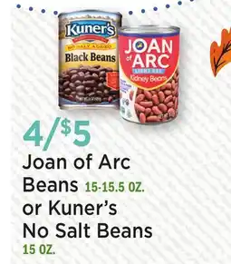 Heinen's Joan of Arc Beans 15-15.5 OZ. or Kuner's No Salt Beans 15 OZ offer