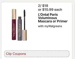 Walgreens L' Oréal Paris Voluminous Mascara or Primer offer