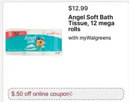 Walgreens Angel Soft Bath Tissue, 12 mega rolls offer