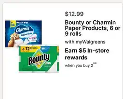 Walgreens Bounty or Charmin Paper Products, 6 or 9 rolls offer