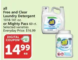 Vons all Free and Clear Laundry Detergent 1018-141 oz. or Mighty Pacs 60 ct offer