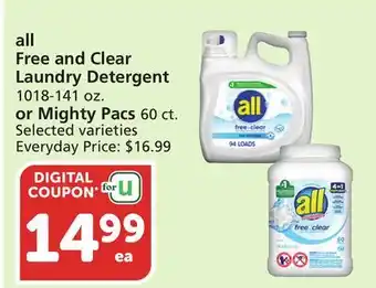 Vons all Free and Clear Laundry Detergent 1018-141 oz. or Mighty Pacs 60 ct offer