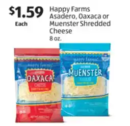 Aldi Happy Farms Asadero, Oaxaca or Muenster Shredded Cheese offer