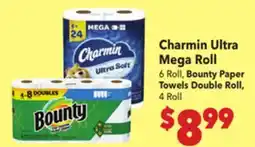 Vallarta Supermarkets Charmin Ultra Mega Roll 6 Roll, Bounty Paper Towels Double Roll, 4 Roll offer
