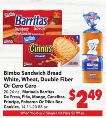 Vallarta Supermarkets Bimbo Sandwich Bread White, Wheat, Double Fiber Or Cero Cero offer
