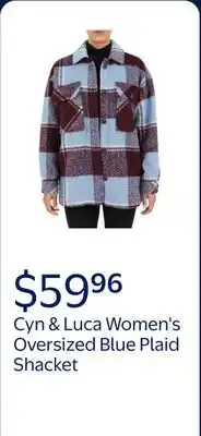 Walmart Cyn & Luca Women's Oversized Blue Plaid Shacket offer