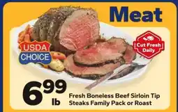 Save a Lot Fresh Boneless Beef Sirloin Tip Steaks Family Pack or Roast offer