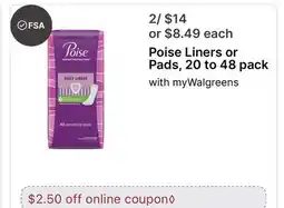 Walgreens Poise Liners or Pads, 20 to 48 pack offer