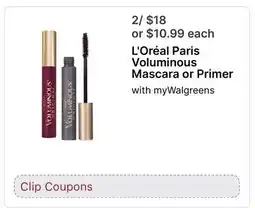 Walgreens L' Oréal Paris Voluminous Mascara or Primer with myWalgreens Clip Coupons offer