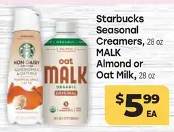 Tony’s Fresh Market Starbucks Seasonal Creamers, 28oz MALK Almond or Oat Milk, 28oz offer