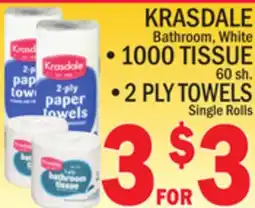 C Town KRASDALE BATHROOM, WHITE 1000 TISSUE 60 SH. 2 PLY TOWELS SINGLE ROLLS offer