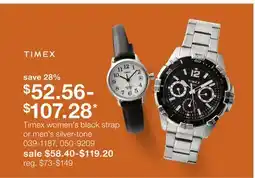 JC Penney Timex women's black strap or men's silver-tone offer