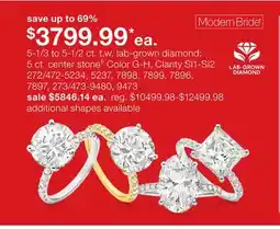 JC Penney 5-1/3 to 5-1/2 ct. t.w. lab-grown diamond 5 ct. center stone◊ Color G-H, Clarity SI1-SI2 offer