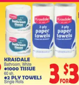 Bravo Supermarkets KRASDALE Bathroom, White • 1000 TISSUE 60 sh. • 2 PLY TOWELS Single Rolls offer