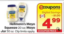 Weis Markets Hellmann's Mayo Squeeze 20 oz Mayo Jar 30 oz offer