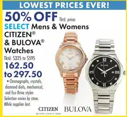 Boscov's SELECT Mens & Womens CITIZEN & BULOVA Watches offer