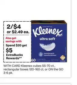 CVS Kleenex cubes 55-70 ct., rectangular boxes 120-160 ct. or ON the GO 3-6 pk offer