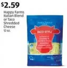 Aldi Happy Farms Italian Blend or Taco Shredded Cheese offer
