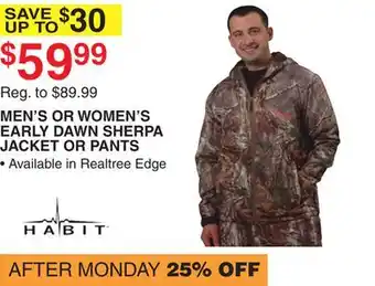 Dunham's Sports MEN'S OR WOMEN'S EARLY DAWN SHERPA JACKET OR PANTS offer