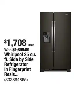 The Home Depot Whirlpool 25 cu. ft. Side by Side Refrigerator in Fingerprint Resistant Black Stainless offer