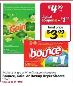 Winn Dixie Bounce, Gain, or Downy Dryer Sheets offer