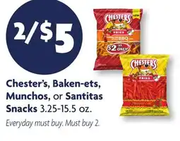 Family Dollar Chester's, Baken-ets, Munchos, or Santitas Snacks offer
