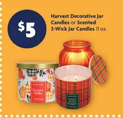 Family Dollar Harvest Decorative Jar Candles or Scented 3-Wick Jar Candles offer