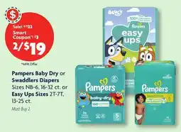 Family Dollar Pampers Baby Dry or Swaddlers Diapers Sizes NB-6, 16-32 ct. or Easy Ups Sizes 2T-7T, 13-25 ct offer