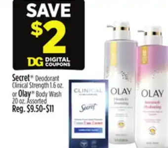 Dollar General Secret Deodorant Clinical Strength 1.6 oz. or Olay Body Wash 20 oz offer