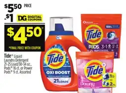 Dollar General Tide Liquid Laundry Detergent 21-25 Load/30-34 oz., Pods 16 ct. or Power Pods 9 ct offer