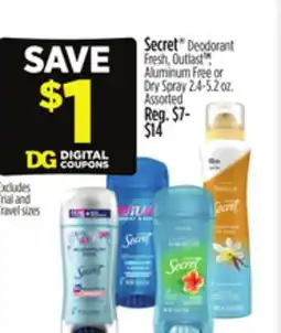 Dollar General Secret Deodorant Fresh, Outlast TM, Aluminum Free or Dry Spray 2.4-5.2 oz offer
