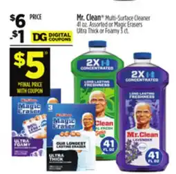 Dollar General Mr. Clean Multi-Surface Cleaner 41 oz. Assorted or Magic Erasers Ultra Thick or Foamy 3 ct offer