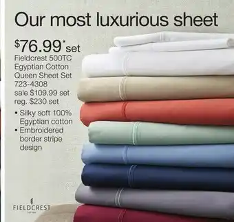 JC Penney Fieldcrest 500TC Egyptian Cotton Queen Sheet Set offer